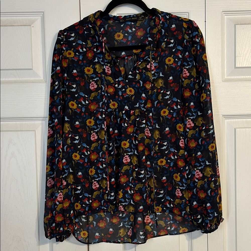 ZARA BASIC Size Small Multicolor Floral Blouse Navy Blue Pink Red Mustard Yellow
